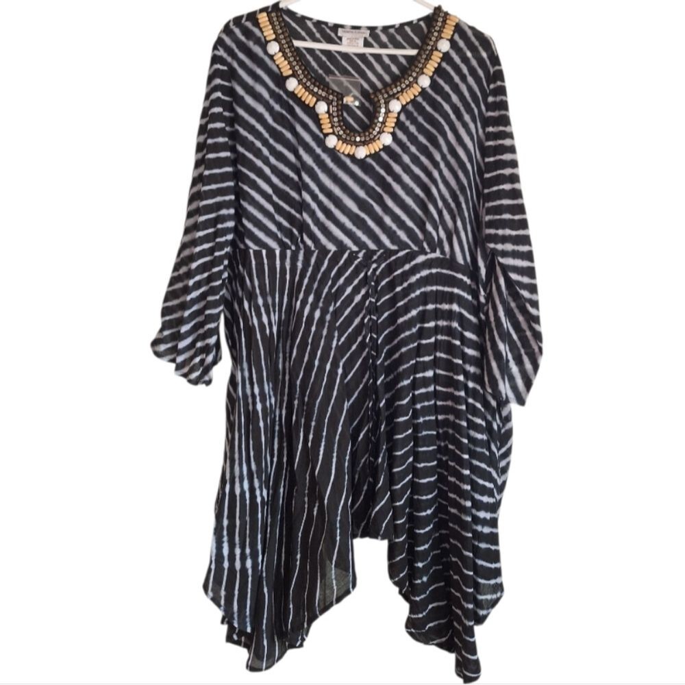 NWT, Striped Black and White Boho Blouse with Beaded Neckline SZ XL